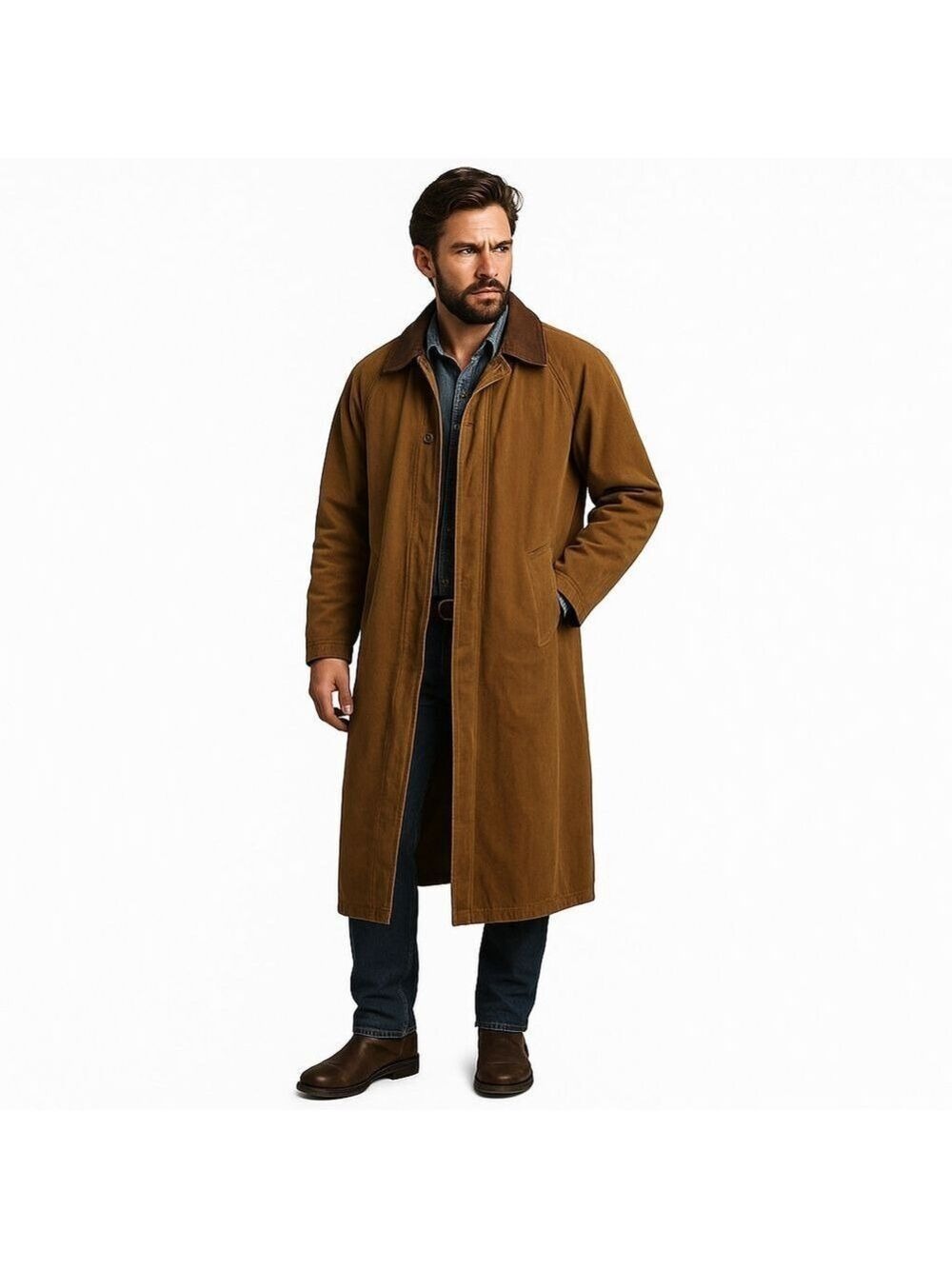Vintage Brandon Thomas Long Duster Coat Cotton Canvas Faux Leather Collar Unisex